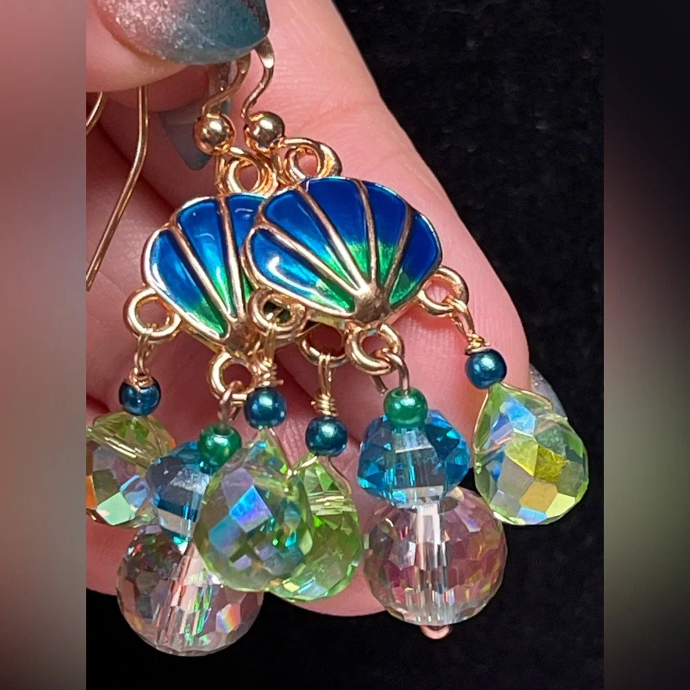 Gold, Green and Blue Shell Dangle Earrings - Picture 12 of 12